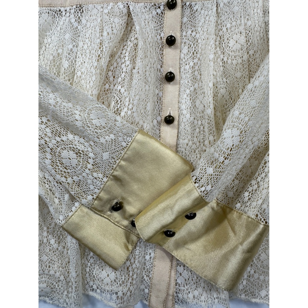Sundance Lace Satin Lady Jane Blouse Sz 8 Cream Gold Romantic Mesh Peplum Top - Picture 10 of 14
